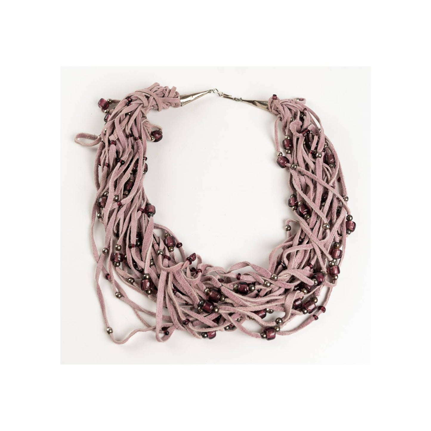 Pink leather multi-strand braided necklace with beads - Magically Funky Austin Resale & Thrift