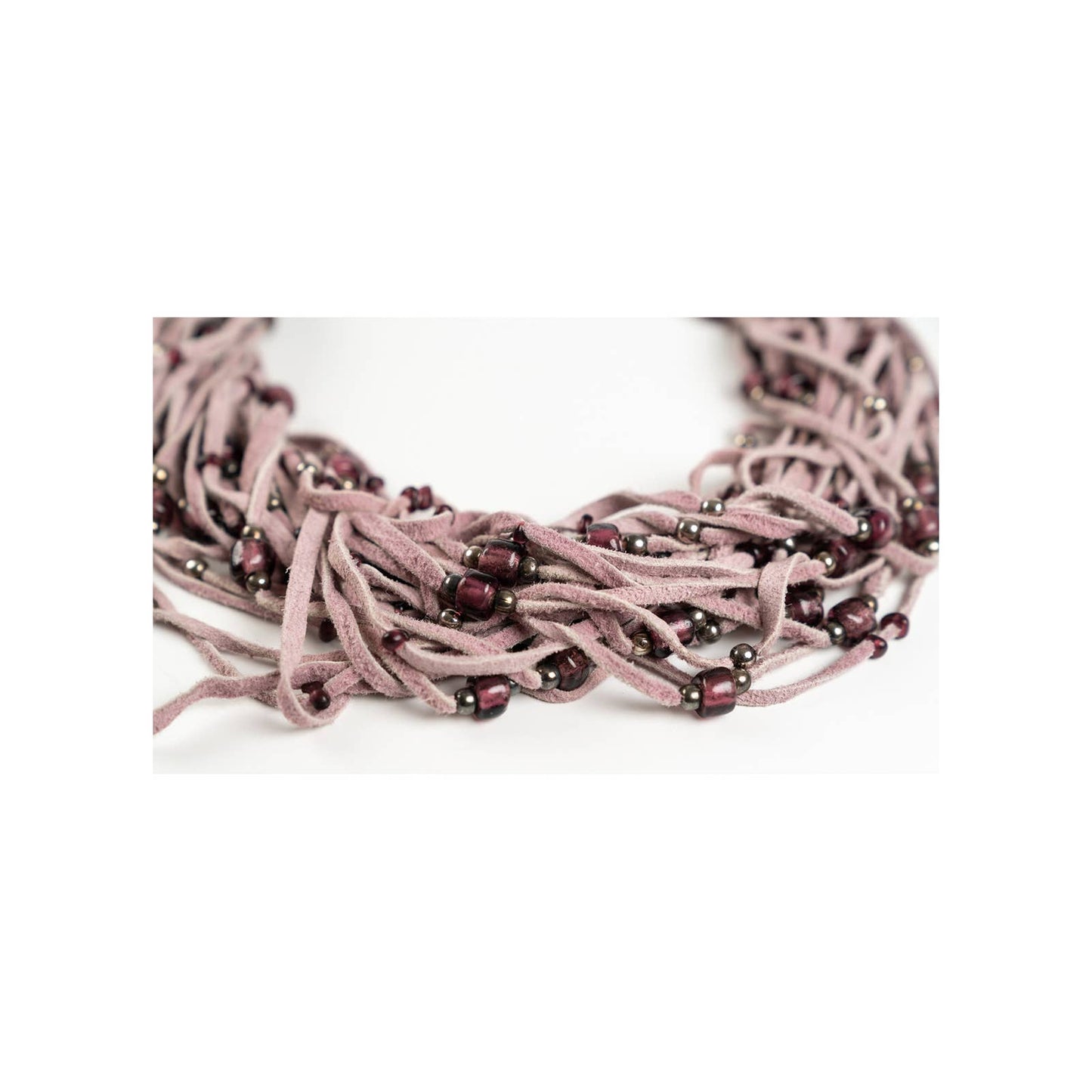 Pink leather multi-strand braided necklace with beads - Magically Funky Austin Resale & Thrift